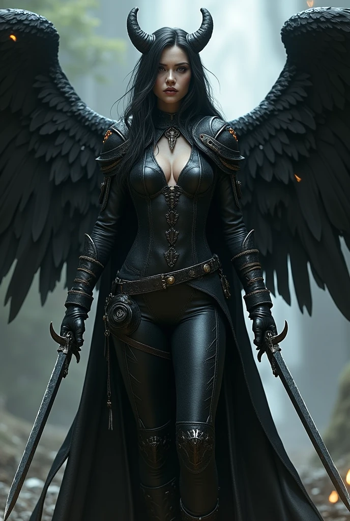 arafed woman in black leather outfit holding a sword and a sword, angel knight gothic girl, angel knight girl, raven winged female vampire, epic angel wings, villainess has black angel wings, as a mystical valkyrie, angel in plastic armor, dark angel, deviantart artstation cgscosiety, stunning cgsociety, alexandra fomina artstation, badass anime 8 k