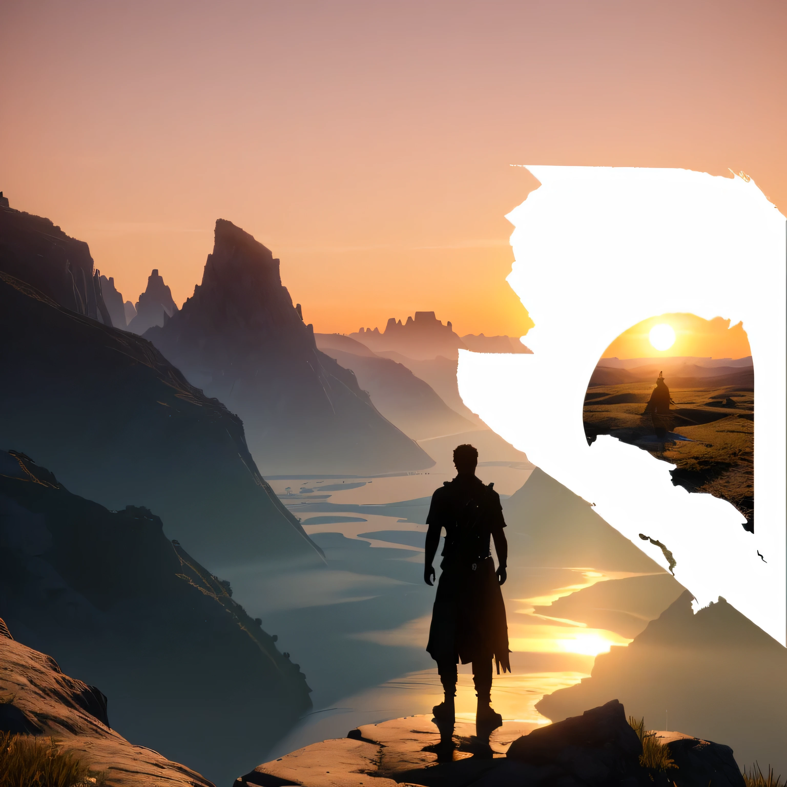 there is a man standing on a cliff looking at the sunset with river flowing towards the sun. Fill the empty space with nature, unreal engine 5 render dramatic, stylized silhouette, fill the empty patches.