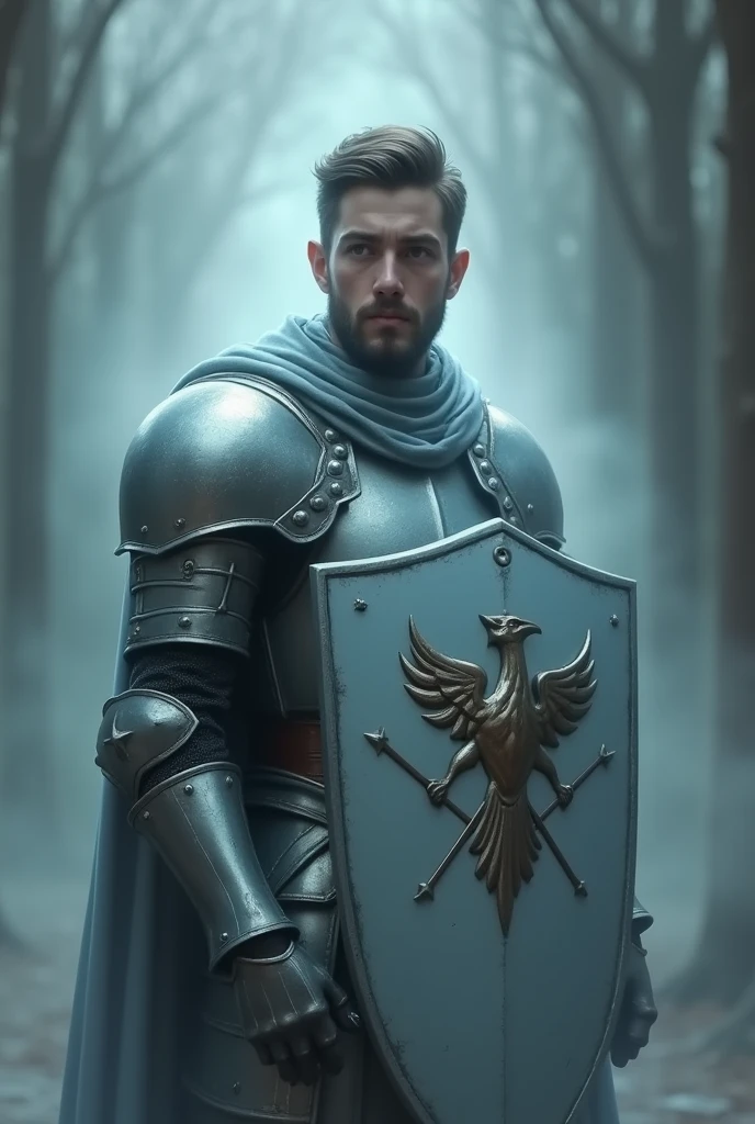 Generate a grayish blue ghost image. The ghost is a young knight with a short beard, light armor and a kind face.. On his shield and breastplate you can see the image of a hippogriff and two magic wands.

