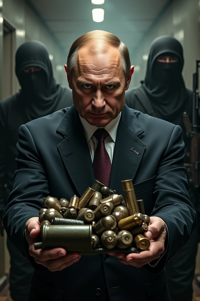 Putin, president of Russia, with weapons and bombs in his hand, delivering them to terrorist groups in hiding