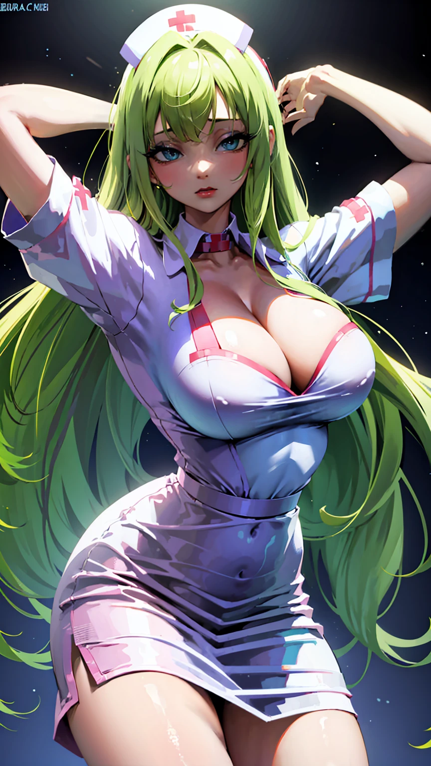 nurse outfit, large breast, big breast, cleavage, long green hair, blue eyes