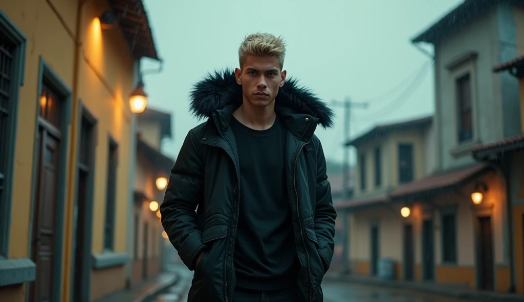Professional photography, masterpiece, full body, handsome Indonesian man, confident, charming, thin smile, trendy short blonde hair, wearing a long parka jacket cosplayer assassin, long black jeans, attractive pose, on top of an old Mexican building, dramatic lighting, lens flare, glitter effect, resembling photo Sony 7000D, ultra realistic, high definition with added elements of rain or fog and cinematic effects like lens flare or motion blur
