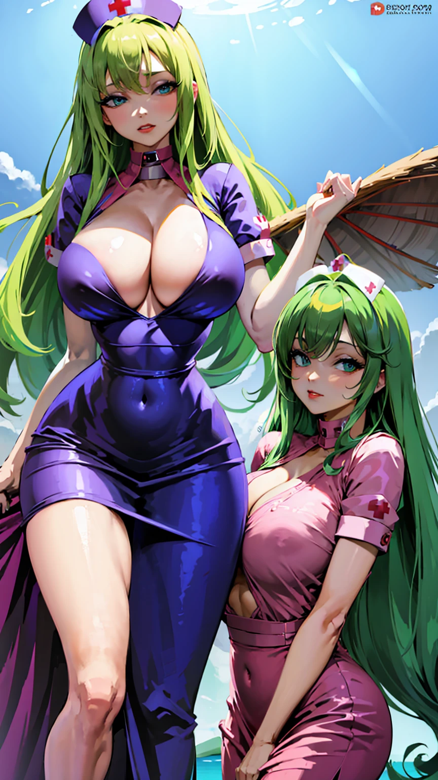 nurse outfit, large breast, big breast, cleavage, long green hair, blue eyes