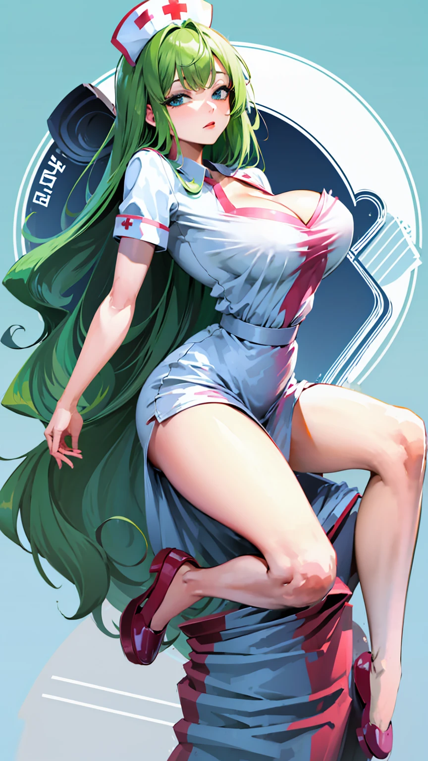 nurse outfit, large breast, big breast, cleavage, long green hair, blue eyes