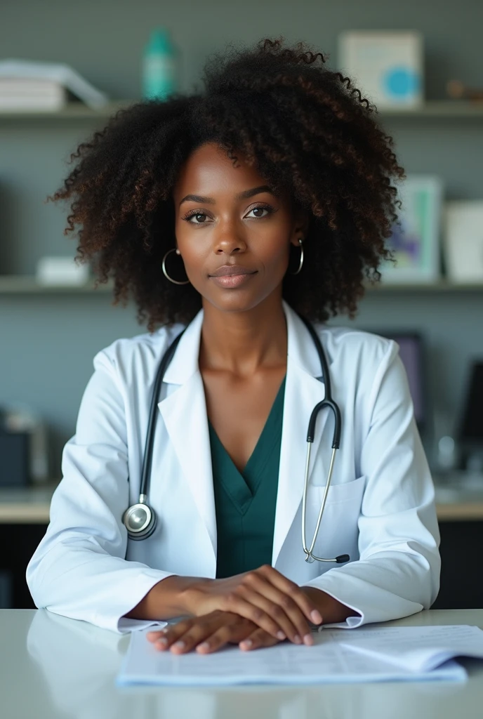 brazilian woman doctor, Bahian, Black curly hair, wearing a labcoat, sitting at a table
