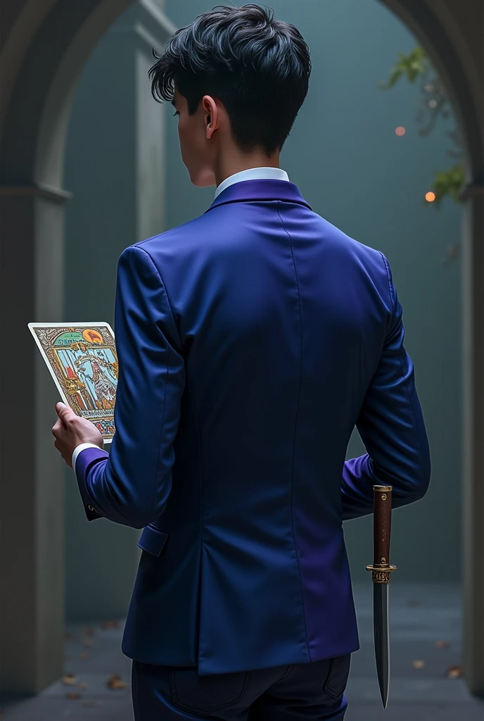 Young man tarot reader, standing with back turned looking back, holding a tarot deck in his right hand and holding a knife in his left hand . He is dressed in a blue and purple suit.