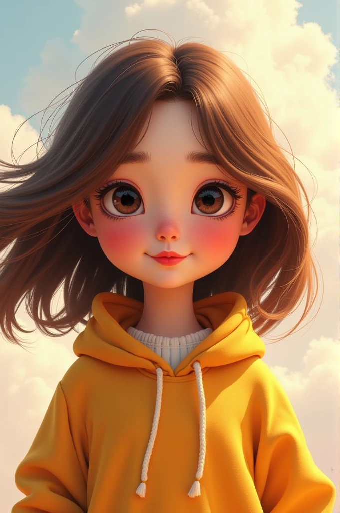 A girl with brown hair, long eyelashes, Red lips, with baggy clothes Disney Pixar