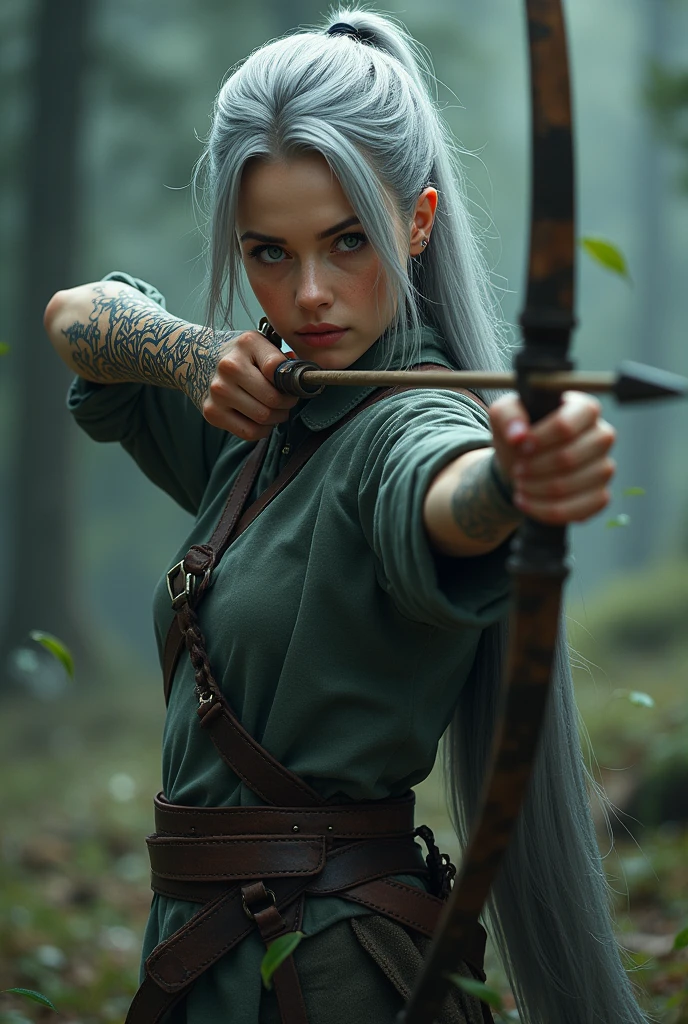 One with gray hair, Light gray eyes , skin fair, that she has a tattoo of roots on her wrist, that she is wearing warrior clothes and holding a bow and arrow