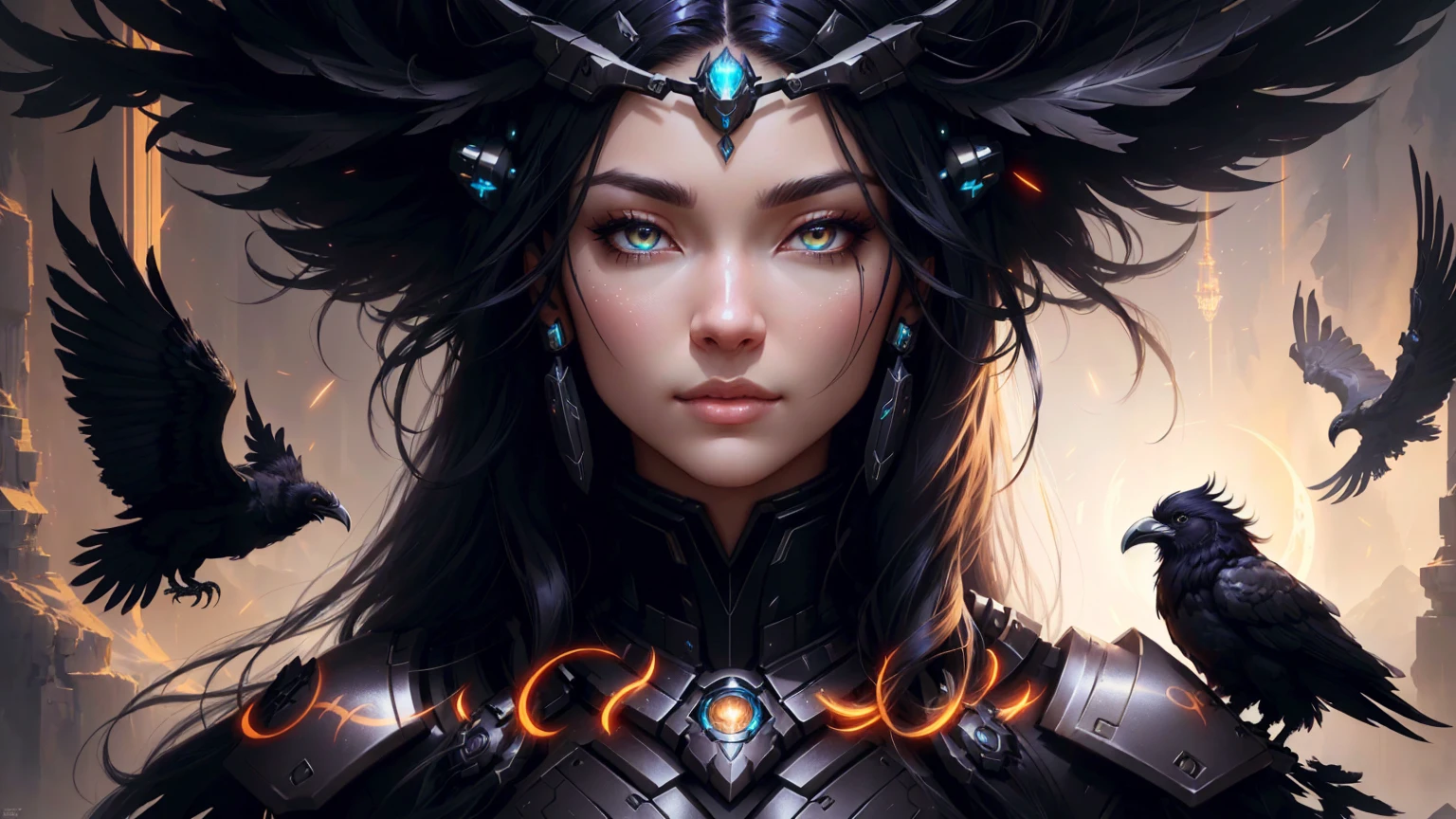 fantasy raven style hairs, steel mechanical raven head with hairs, sci-fi, a close up of a sexy woman - sci-FI  with a sci fiorer on her face, Mechanical raven IN HAIRS, glowing light feathers in hairs, fiol glowing eyes, hd , cinematic, cinematic light, dinamic, rossdraws portrait, fantasy concept art portrait, wojtek fus, rossdraws 2. 0, rossdraws 1. 0, rossdraws digital painting, epic fantasy digital art style, cgsociety portrait, rossdraws global illumination, :: rossdraws, alexandra fomina artstation