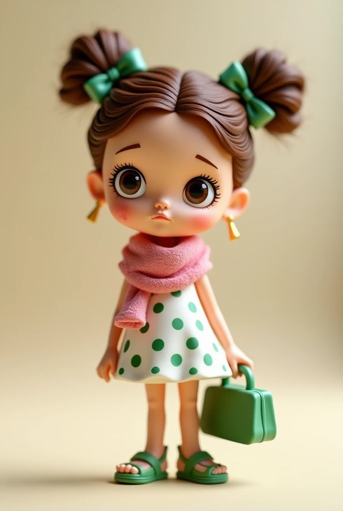 Create a 3D Polly Pocket miniature doll figure standing casually with a green purse in her hand. Character [clear skin ," with mole near left eye light brown eyes , Hair tied up in two buns on the sides, brown with waves at the ends, with a green bow, with a white dress with green dots and a pink linen scarf around her neck con expresión de DISGUST los moños del cabello detrás de las orejas 
