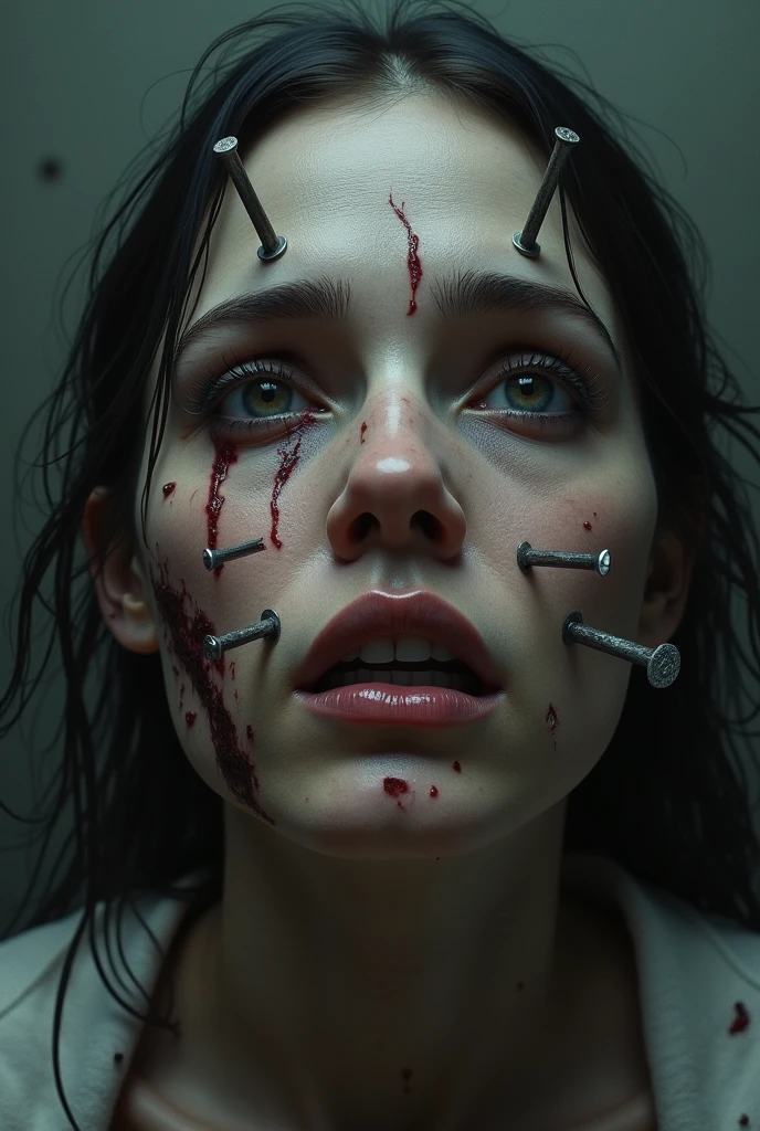 A sad woman suffering from violence with many nails stuck in her face and her face being cracked and with many bruises in semi-realistic style