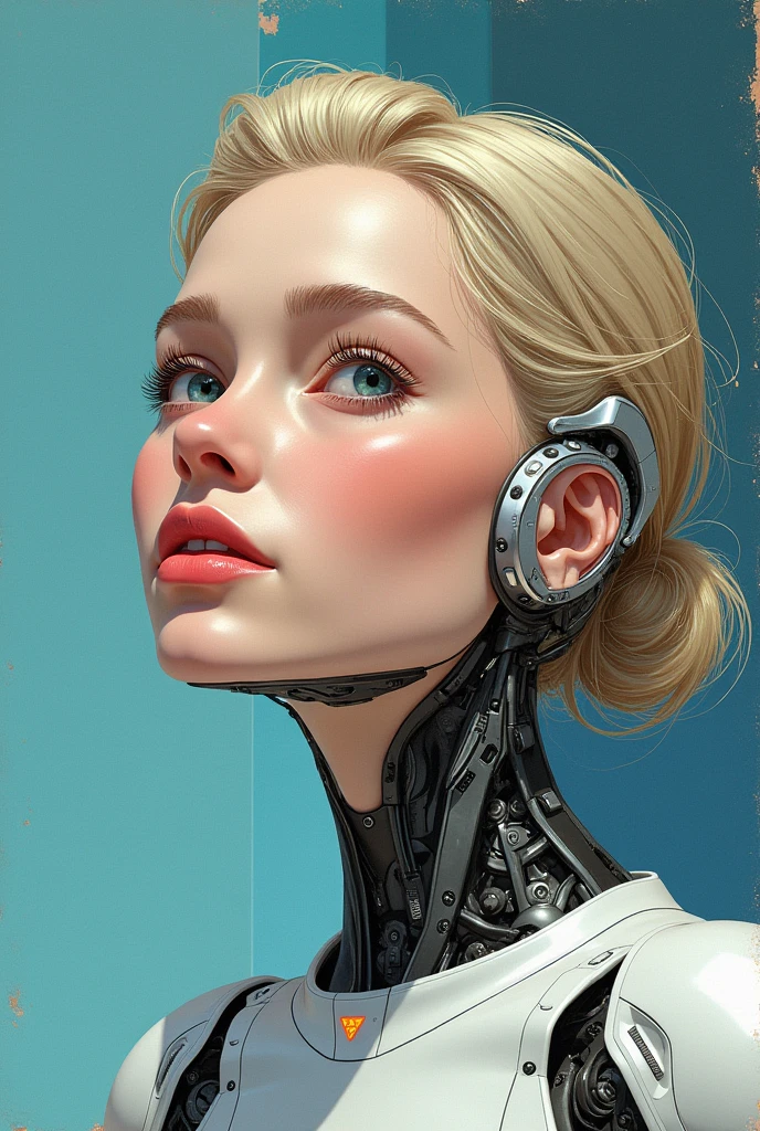 comics illustrating the development phase of a woman with a robot body and a human face... happy and sad parts in the process