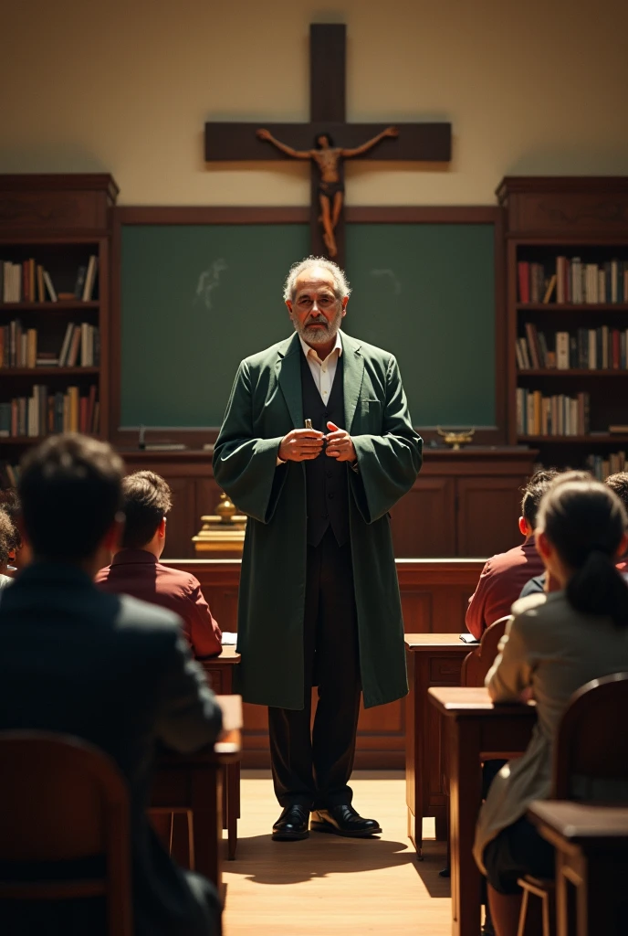 Morente giving a theology class with a cross