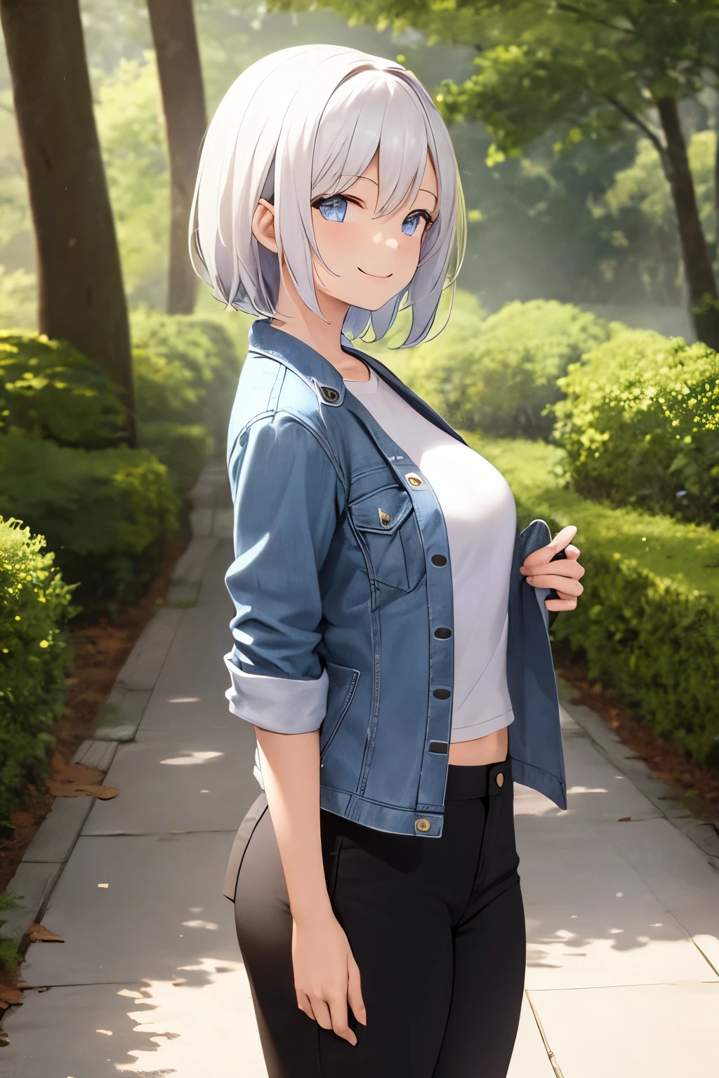 (masterpiece), best quality, BREAK, expressive eyes, (perfect face), 1woman, BREAK, (medium hair, white hair), BREAK, (lavender eyes, detailed eyes), BREAK, (happy smile) BREAK, (short heigh), BREAK, (denim jacket), BREAK (black pants) , BREAK, (black vans), BREAK, (forest), BREAK, (standing), (sideview)