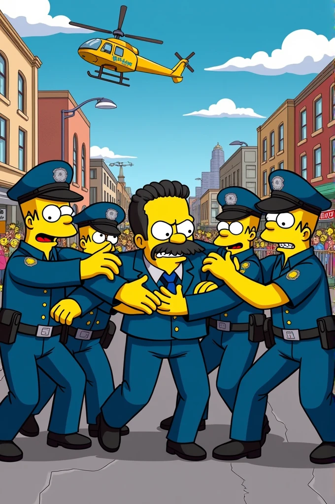 Simpson-style image of angry police officers taking Nicolas Maduro to prison 