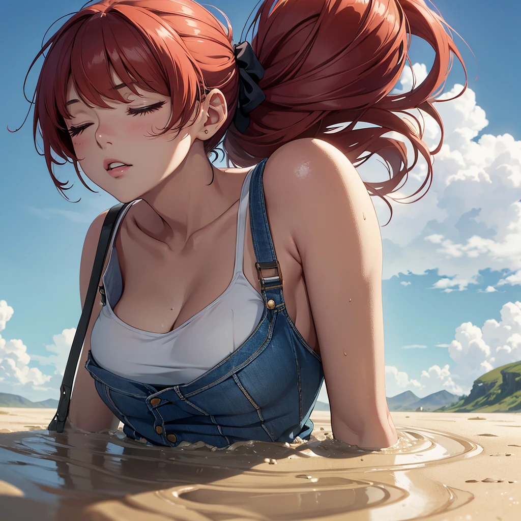 1girl, solo:1.5, masterpiece, best quality, high res, highly detailed, (illustration), beautiful detailed eyes, yuigahama yui, red hair ponytail, glossy lips, light makeup, orgasm, (looking up to the sky:1.5), intimate moment, white tank top, denim jean bottoms, cleavage, (quicksand:1.4), (from side:1.4), bog, swampy, grassy, (eyes closed:1.3), gasping