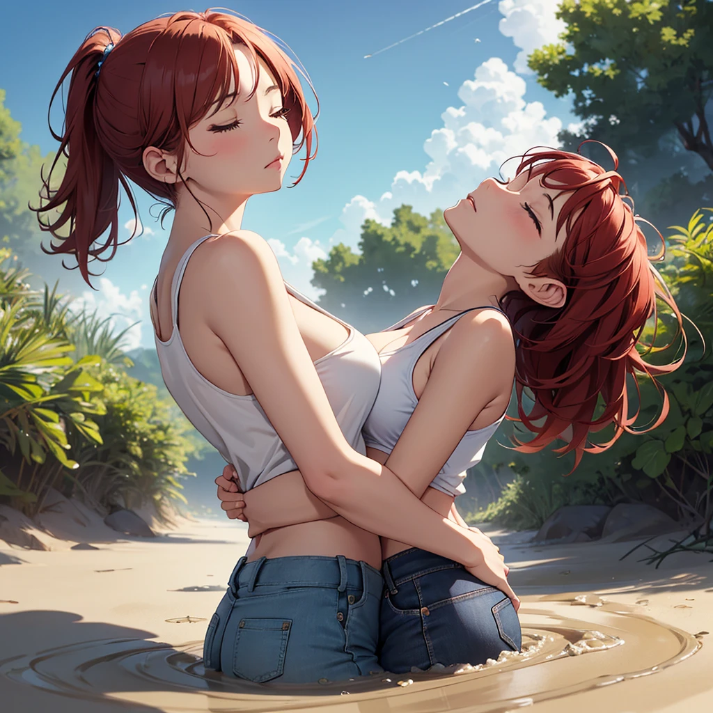 1girl, solo:1.5, masterpiece, best quality, high res, highly detailed, (illustration), beautiful detailed eyes, yuigahama yui, red hair ponytail, glossy lips, light makeup, orgasm, (looking up to the sky:1.5), intimate moment, white tank top, denim jean bottoms, cleavage, (quicksand:1.4), (from side:1.4), bog, swampy, grassy, (eyes closed:1.3), gasping
