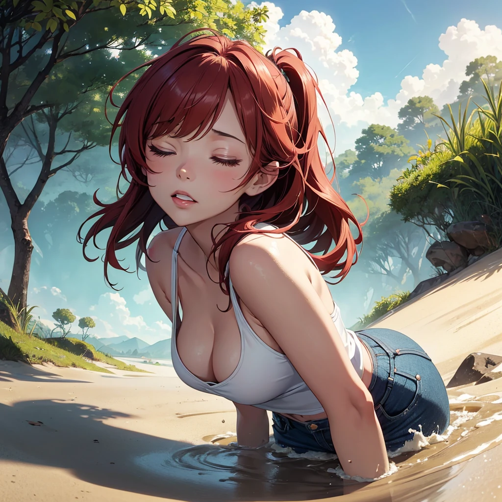 1girl, solo:1.5, masterpiece, best quality, high res, highly detailed, (illustration), beautiful detailed eyes, yuigahama yui, red hair ponytail, glossy lips, light makeup, orgasm, (looking up to the sky:1.5), intimate moment, cute tank top, visible thong underwear, cleavage, (quicksand:1.4), (from side:1.4), bog, swampy, grassy, (eyes closed:1.3), gasping