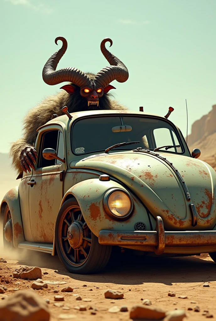a krampus driving a lowered volkswagem beetle rathod mad max style in a rally
