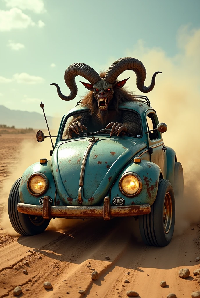 a krampus driving a lowered volkswagem beetle rathod mad max style in a rally
