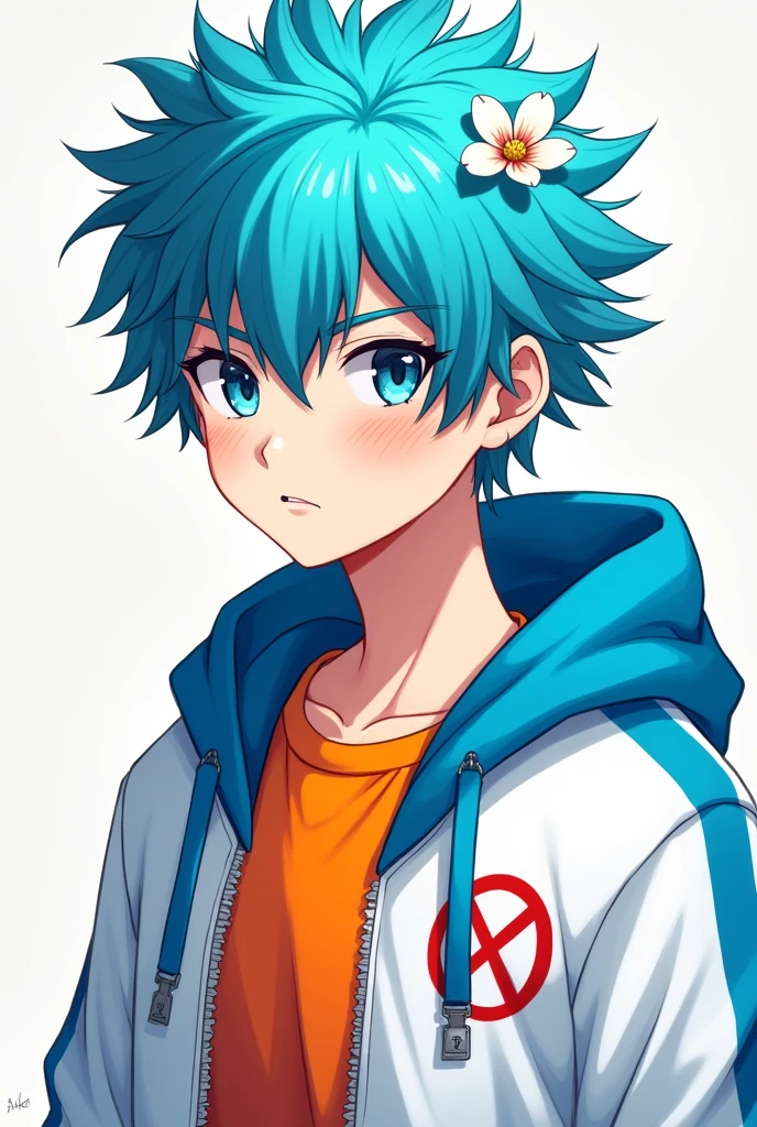 He is a young, light-skinned man with spiky cyan hair and a confident expression and also his blue hair. She wears a bright colored t-shirt, a white sweatshirt with a blue hoodie and on the back a forbidden sign and a lock of hair in the shape of a flower that she wears on her head, but also black pants and thin eyebrows and sanpaku eyes.