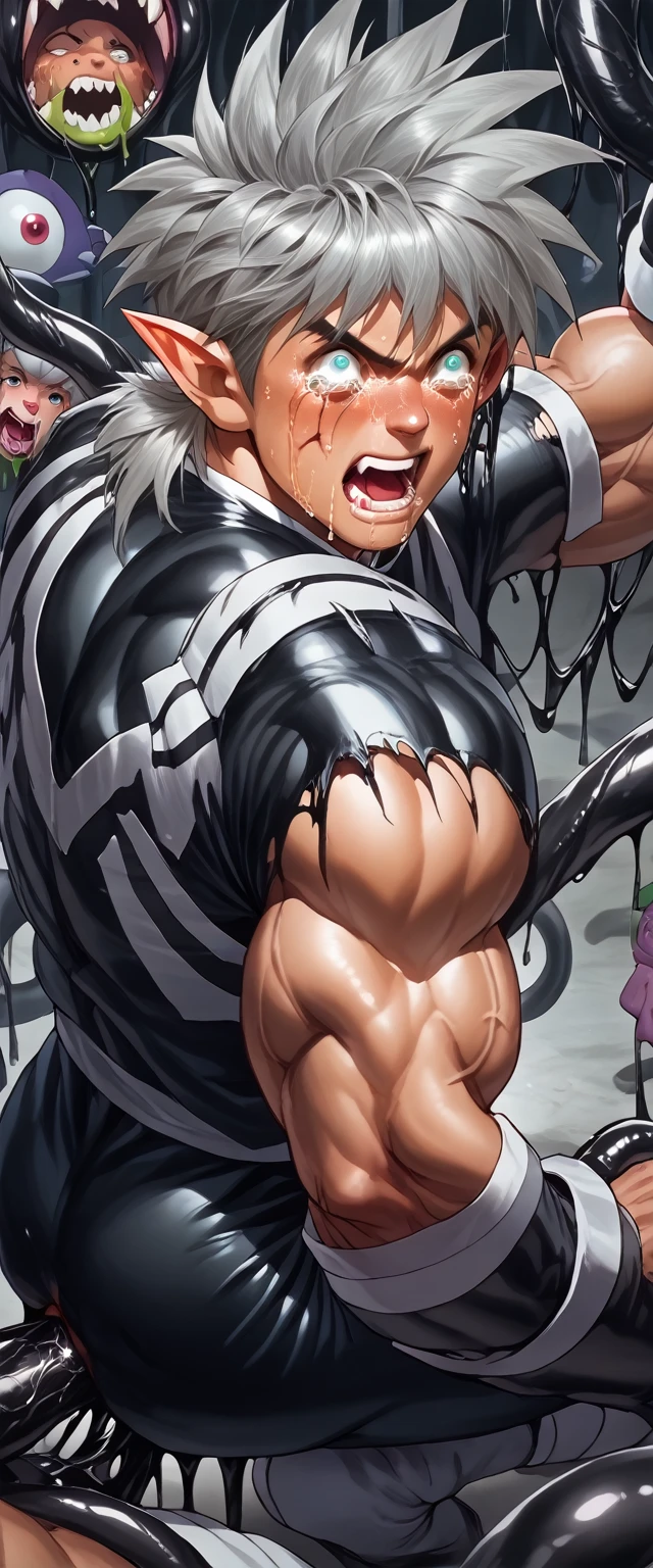 Toei animation style,(((Huge muscles))),Face the enemy,High definitionな顔,Hünkel,Handsome,good looking,((Huge penis,Anal Sex 1.7)),Crying face,Silver Hair,ejaculation,8k,High definition,Masterpiece,Detailed Description,Spike Hair,tall,Under eye paint,countless black tentacles,Sticking out tongue,Lean back,Spider Suit,ぺニスを揺らしながら,rape,Devilish wings,Cat ear,Partially torn armor,(((Black slime jumps into my solar plexus 1,8))),Open your mouth wide,Unfocused eyes,A huge black tear,Muscular penis,rape,Black light,Blood vessel,I was attacked by a black aura like an insubstantial mist.,A warm sigh,Orgy,Pierced Elf Ears
