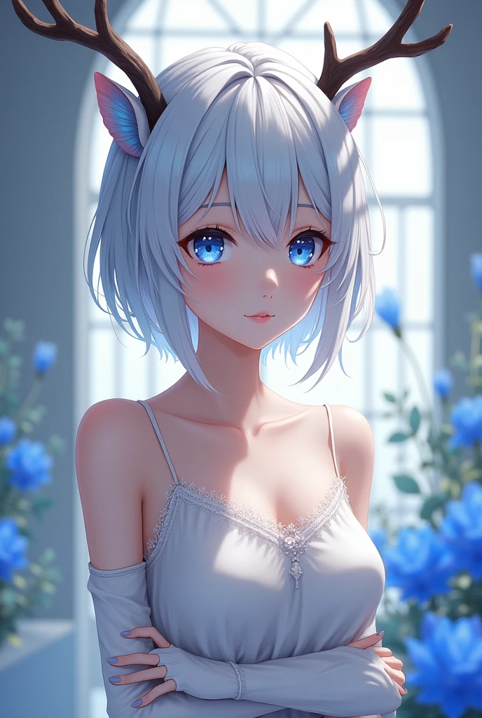 1girl, bethel, blue eyes, bare shoulders, breasts, medium breasts, short hair, white hair, hair over one eye, bangs, gloves, sleeveless, solo, shirt, fingerless gloves, white shirt, sleeveless shirt, arms behind back, off shoulder, horns, smile, (masterpiece), (best quality), (ultra detailed), indoors, simple background, blue flowers,