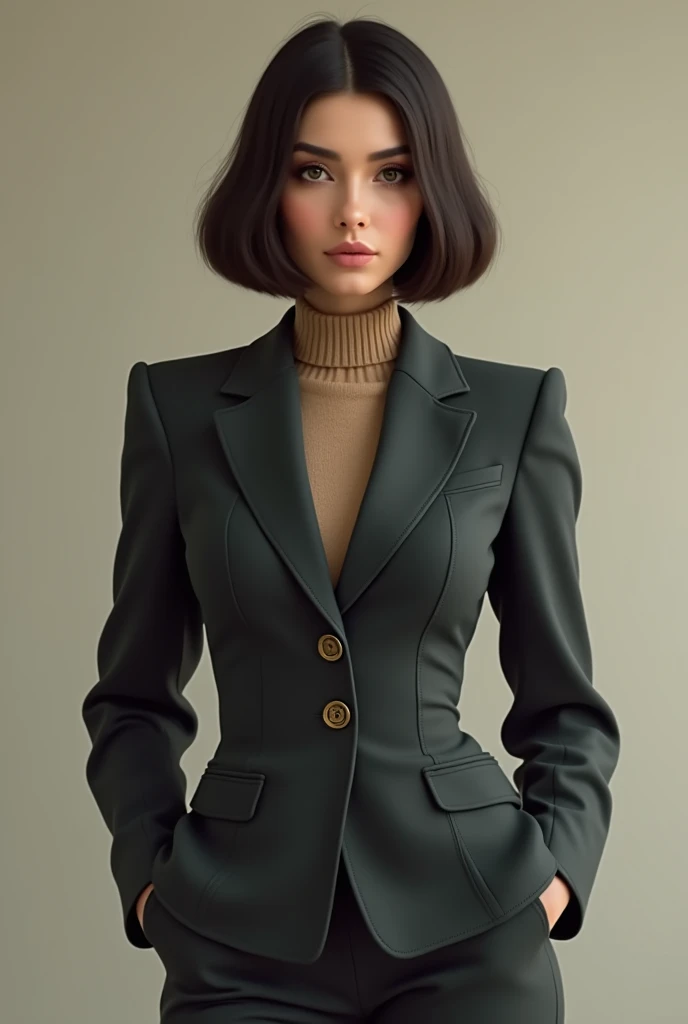 A 19 years old spanish woman with athletic body, a round face and a bob cut hair,wearing a full body covered formal suit of 1960s and also wearing a full neck sweater inside.make it look more realistic.