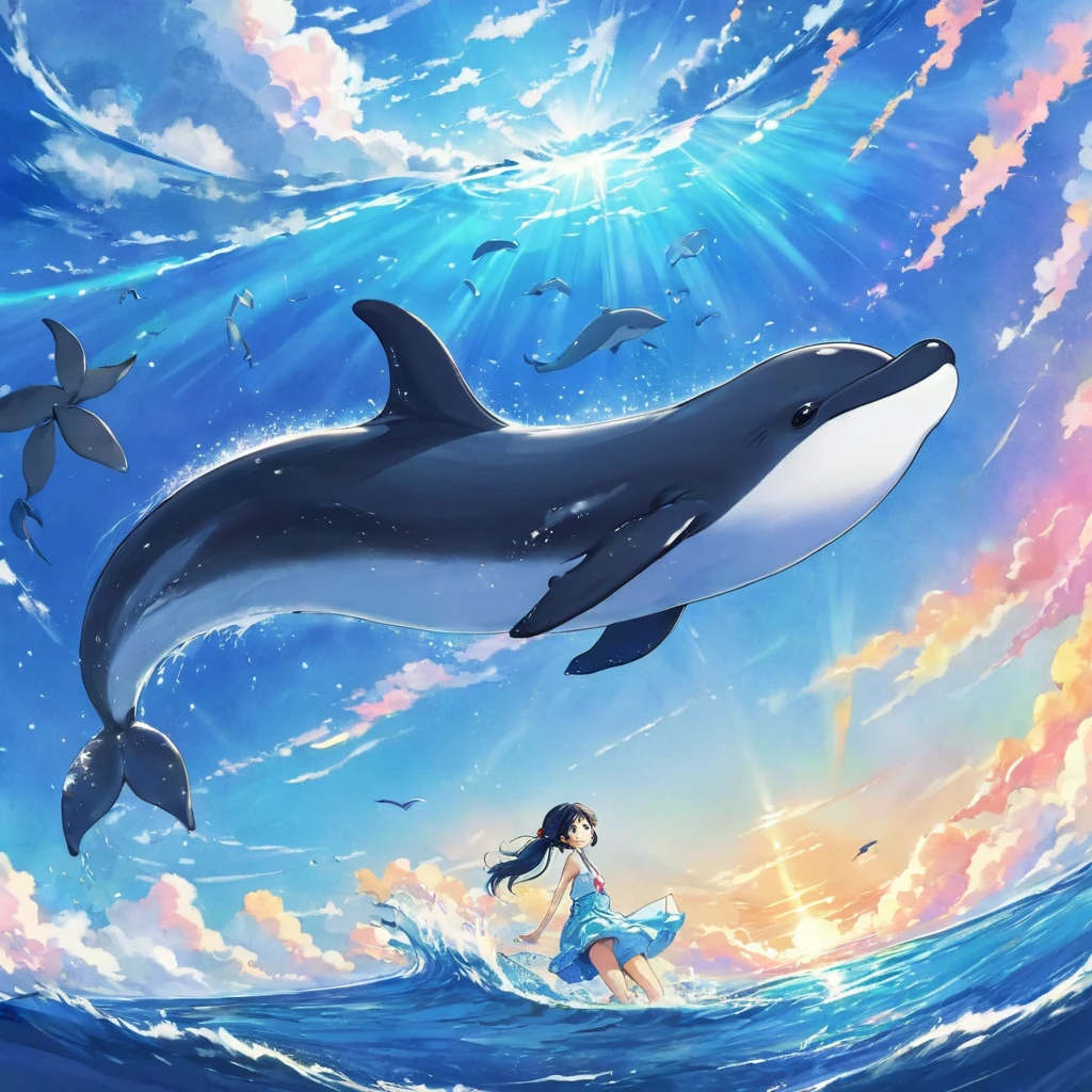 Photo of a dolphin swimming in a colorful ocean, Check the configuration，Light blue long hair、Beautiful twin-tailed、Whale in the Sky, Cyril Rollandに触発されて, Dreamy psychedelic anime, Colorful anime movie background, Beautiful artwork illustration, author：pit, Colorful concept art, Cyril Rolland, Cyril Rolland風, Flying Whale, Highly detailed watercolor 8k, Very detailedな水彩画 8k，Octane，OK，Realistic，8k，Makoto Shinkai&#39;s Style( Streamlined Design, Clear lines, High Sharpness,Highest quality, Very detailed, masterpiece, Cinematic Lighting Effects, 4K )