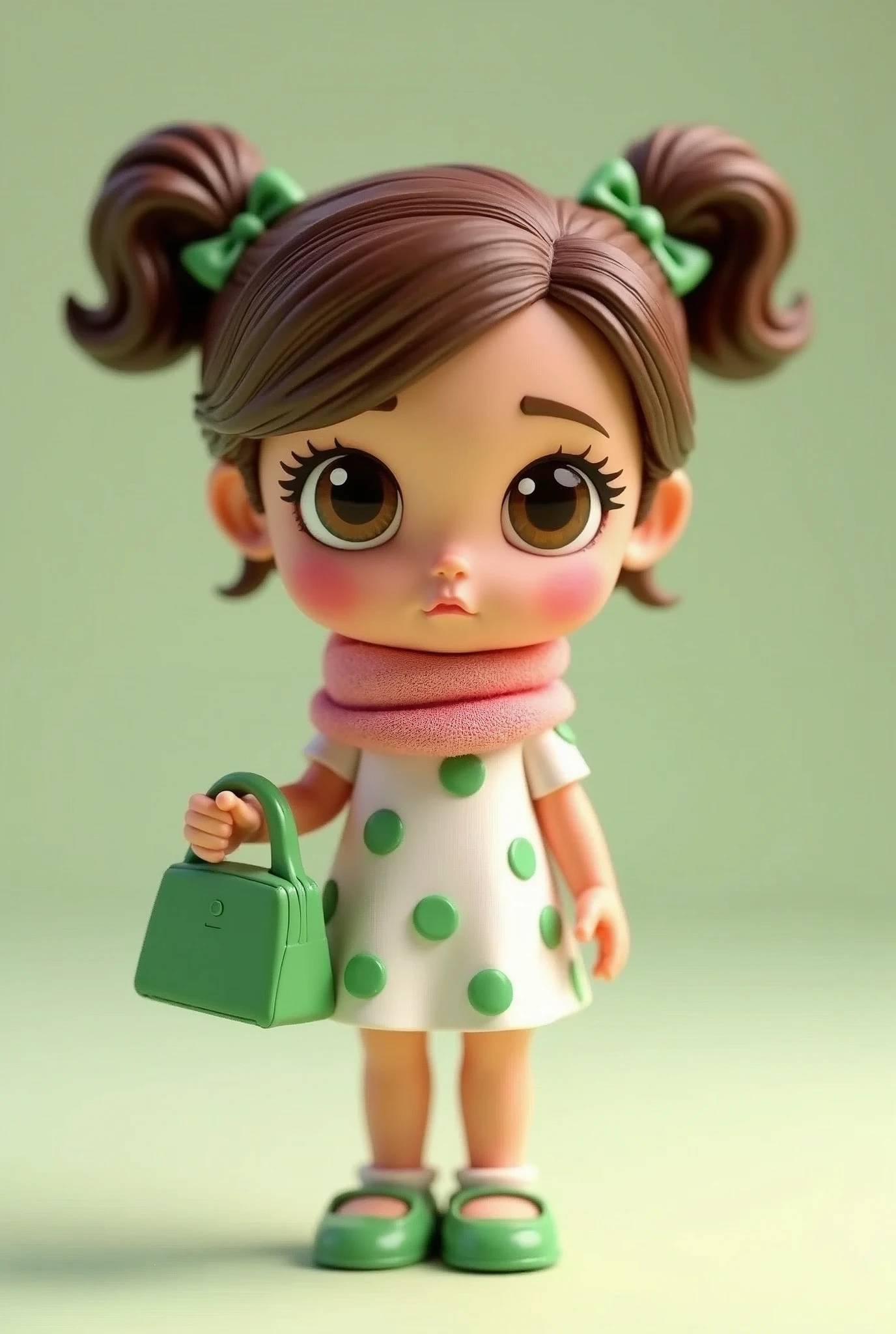 Create a 3D Polly Pocket miniature doll figure standing casually with a green purse in her hand. Character [clear skin ," with mole near left eye light brown eyes , Hair tied up in two buns on the sides, brown with waves at the ends, with a green bow, with a white dress with green dots and a pink linen scarf around her neck con expresión de DISGUST los moños del cabello detrás de las orejas