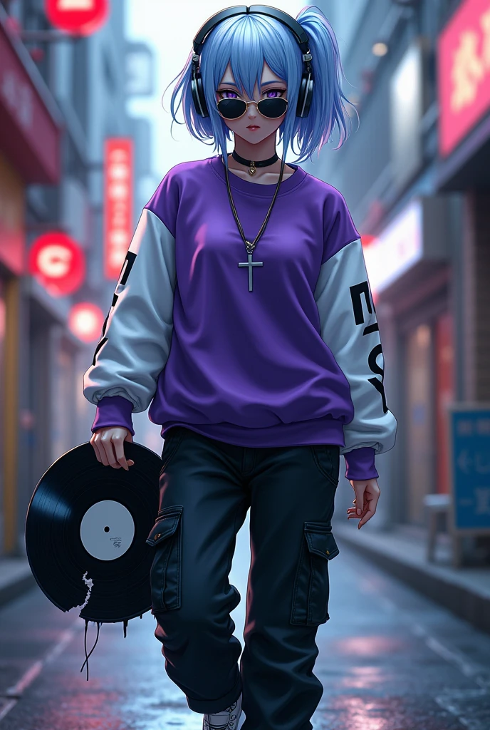 demon girl, Blue and White Hair Color, WHITE TENNIS, purple and white sweatshirt ,black cargo pants,Sunglasses, headphones holding a broken vinyl, She has a silver cross necklace,walking down a Japanese street