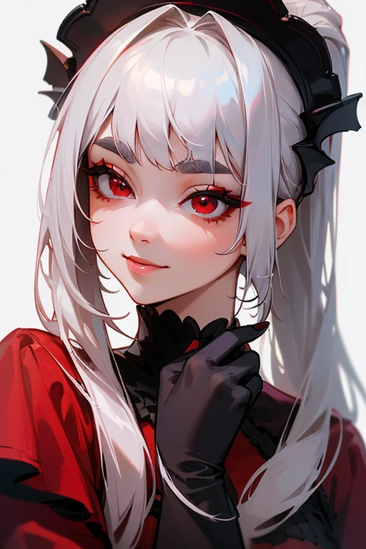(Highest quality, masterpiece:1.2), High resolution, 最高masterpiece、Very detailed, Realistic:1.37, Fantasy, An illustration,Gray Hair、 Red eyes、Queen, Red dress、beautifully、Eyeshadow Red、Thick eyebrows、Long eyelashes、pupils are black、shiny on the lips、Top Sites、Queen、Princess、A kind smile、Soft impression、people々々々Loved by、Slimming the face、Shoulder Bare、ponytail、Kissing Face、Long white hair、Shaggy Bangs、(Save face image).(Gothicta)、(A kind smile)、(Background white)、