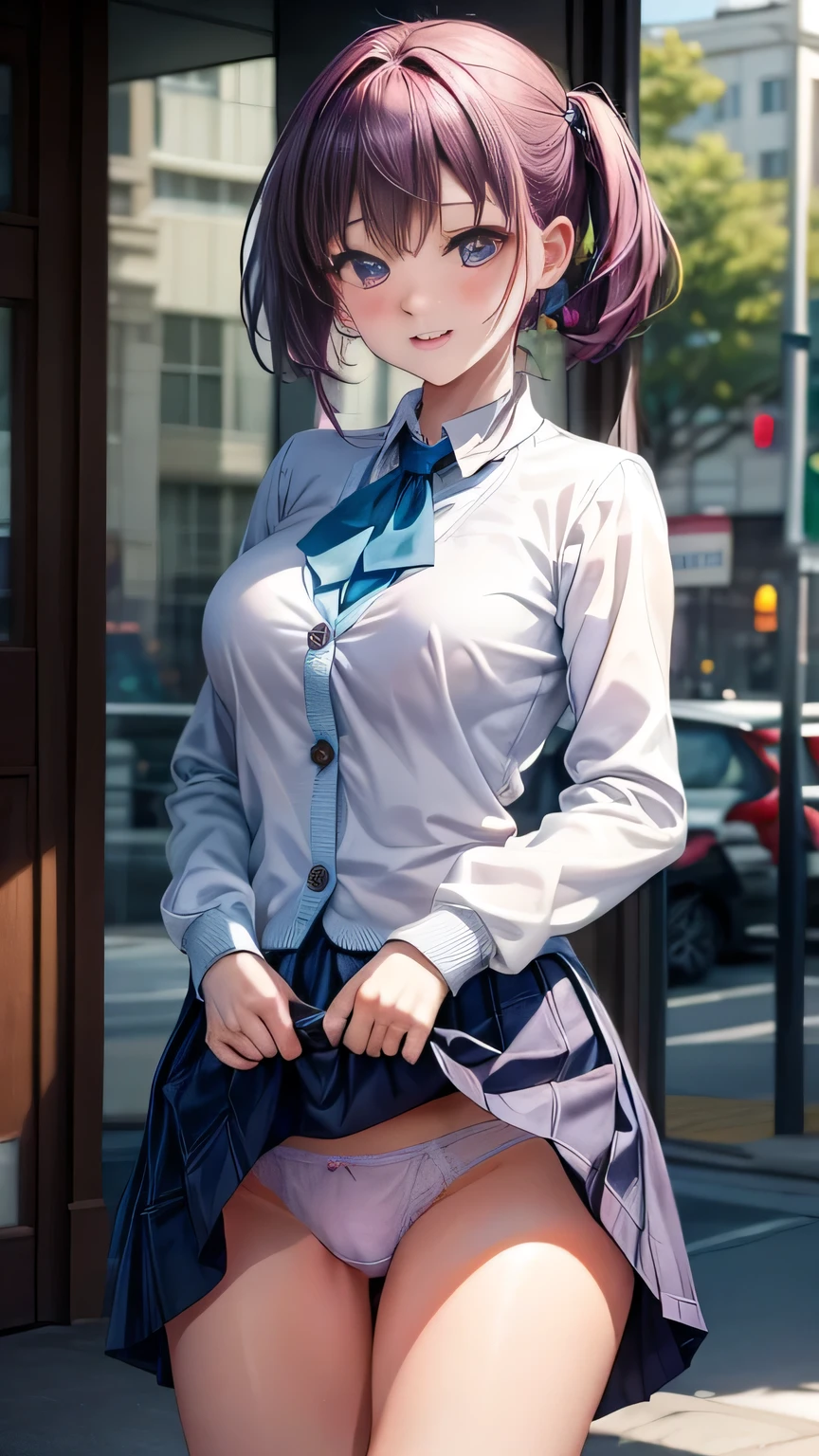 (Very detailed CG Unity 8K wallpaper),(masterpiece), (Highest quality), (Very detailed), (Best illustrations),(Best Shadow)、Large Breasts、crowd、Having her skirt lifted by a bunch of men(See-through white underwear、I can see the streaks)、Embarrassed and blushing。Purple eyes and very short purple hair、White blouse、Blue tie、Checked mini skirt、Beige cardigan、Dynamic Angle