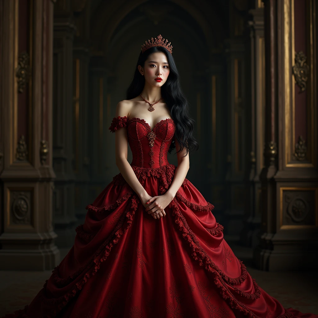 (Plan du haut du corps : 1,1) (Elle se tient dans une position aléatoire en arrière dans une pièce gothique) (Regardez les spectateurs et riez)) ((Historical Baroque Dresses, In a red Victorian dress, Robe rococo, Gorgeous crimson outfit gorgeous, Style du 18e siècle, Robe victorienne complexe, Robe victorienne !!!!!)) ((superior quality)), ((masterpiece)), (family friendly), (Dress up in it) ((tetas grandes : 2,0)) ((Her hair is very straight !!!!!)) (Her hair is jet black. !!!) ((Her bangs are neatly trimmed and straight. : 1,3)) (very long hair Up to the ankle !!!!! superior quality Attention aux détails very long hair Up to the ankle !!!!! very long hair !!!!! They last forever !!!!! Flowing hair Very shiny and thick hair Abnormally long hair !!!!! They last forever !!!!! Hair floating at both ends !!!!! very long hair !!!!! Up to the ankle !!!!! very long hair!!!!! Up to the ankle !!!!! Thick and shiny hair Very loose hair Abnormally long hair !!!!! De beaux cheveux soyeux Cheveux beaux et brillants Cheveux beaux et brillants De beaux cheveux soyeux very long hair Up to the ankle !!!!! very long hair !!!!! very long hair !!!!!) (Japanese Solo Photos'The Most Beautiful 24-Year-Old Princess Hair Model) Visage de femme parfaite (She has a typical Japanese build and skin color...., Her skin is very high quality and ultra high definition., very beautiful and glowing skin) (Son visage est digne et sexy) (She applied sexy makeup with the help of a professional makeup artist.......... The lipstick is bright red !!! The eyeliner is a beautiful black) (She has a typical Japanese build and skin color.. Her skin is very delicate and sensitive... and such beautiful and radiant skin) ((Her face shape is thinner than average. : 1,4)) (best quality), HD 4k