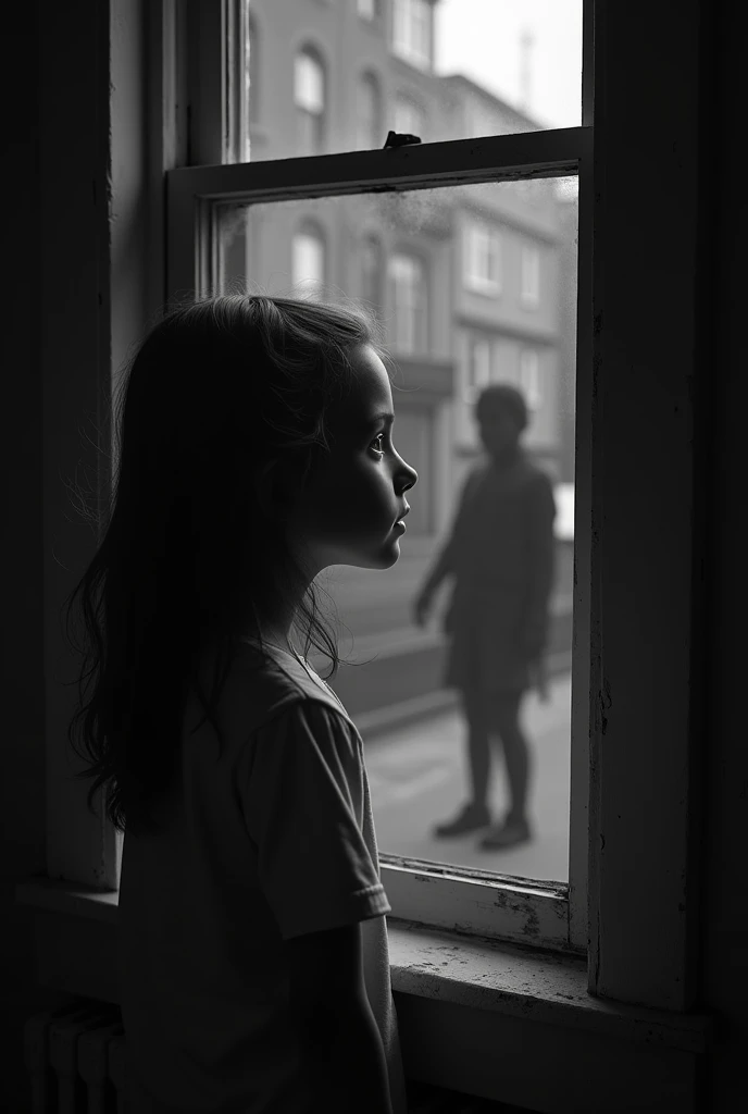 (photorealism:16.9), black and white image, of a girl looking out of her bedroom window from inside, watching a scary shadow walking on the street. Dark Inagen