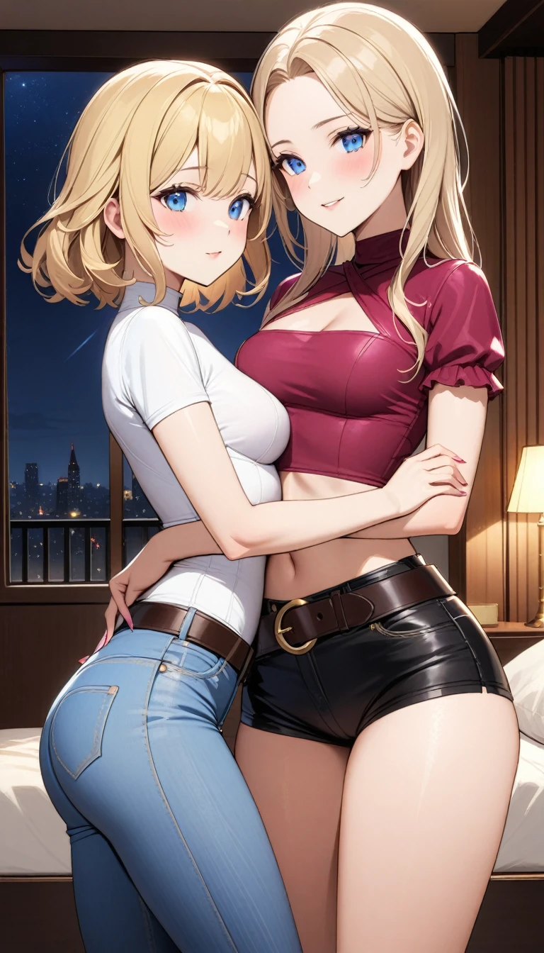 Two beautiful ladies ((lady 1: 35y old mom, with short straight blonde hair, lady 1 with blue eyes and caucasian skin, lady 1 wearing Tight Jeans and Leather Belt, lady 1 Sexy Criss Cross Mock Neck Short Sleeves Bright Pink Blouse)), ((lady 2: 13y old daughter, with short straight blonde hair, lady 2 with blue eyes and caucasian skin, lady 2 wearing Tight Jean Shorts and Leather Belt, lady 2 Sexy Criss Cross Mock Neck Short Sleeves Burgundy Blouse)), luxurious jewelry, 18k gold wedding ring on left hand, standing in their bedroom at night, hugging and kissing each other, (light brown lipstick), (elegant mascara), (slim body), (small breasts), (wide hips), endjourney, <lora:GoodHands-, <lora:GoodLegs-, UHD, high resolution, (expressive eyes, perfect face, full body, expressive face, perfect body, perfect pussy, athletic, fit, slim body, blushing, Perfect makeup, eyeliner, beautiful eyelashes, smiling, horny face), ((best illumination, best shadows)), ((sexy pose)), ((Front pov:1.1))