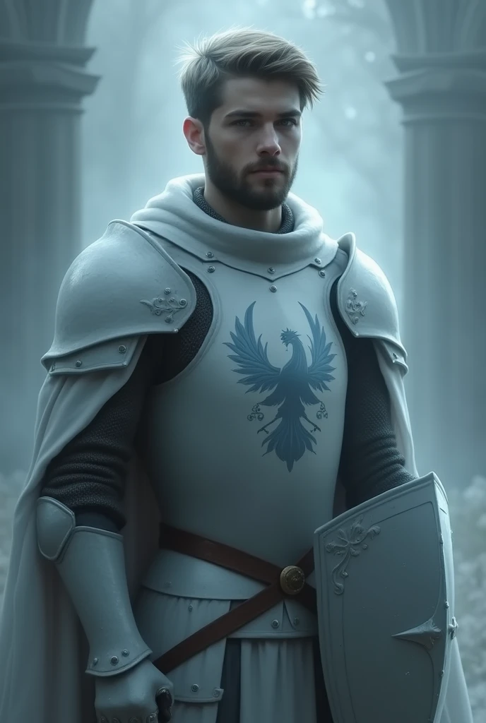 Generate a grayish blue ghost image. The ghost is a young knight with a short beard, light armor and a kind face.. On his shield and breastplate you can see the image of a hippogriff and two magic wands.