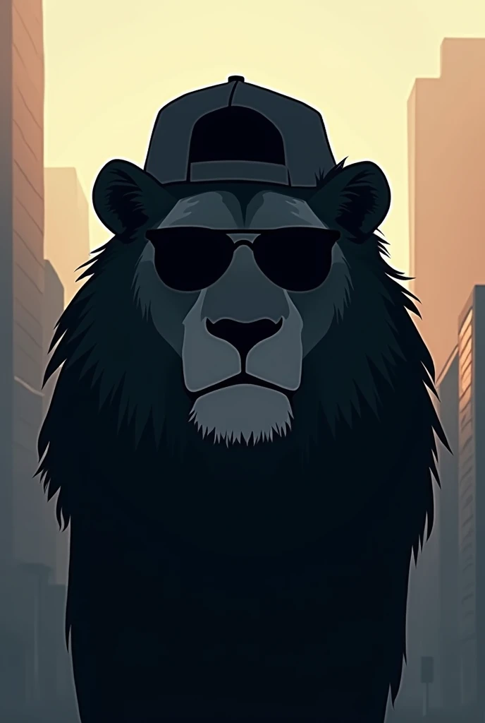 Silhouette of only the front face of an illustrated lion animated with urban flow with dark glasses and a backwards cap transmits tranquility