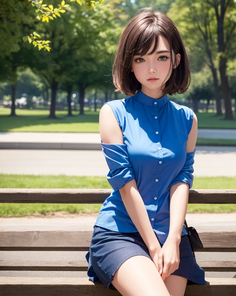 best quality, photorealistic, 8k, high res, full color, 1girl, woman, 20 years old woman, (closed mouth:1.73), (skindentation), (portrait:0.6), trees, park bench, daylight, ((park background:1.52)), full color, ((sleevelessblueshirt:1.58)), looking at viewer:1.8, (1girl eyes looking at viewer:1.55), (medium hair, brownhair, partedhair:1.45), (bokeh),