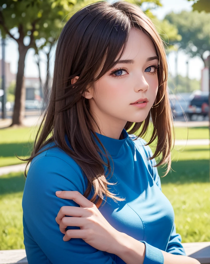 best quality, photorealistic, 8k, high res, full color, 1girl, woman, 20 years old woman, (closed mouth:1.73), (skindentation), (portrait:0.6), trees, park bench, daylight, ((park background:1.52)), full color, ((sleevelessblueshirt:1.58)), looking at viewer:1.8, (1girl eyes looking at viewer:1.55), (medium hair, brownhair, partedhair:1.45), (bokeh), 