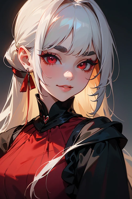 (Highest quality, masterpiece:1.2), High resolution, 最高masterpiece、Very detailed, Realistic:1.37, Fantasy, An illustration,Gray Hair、 Red eyes、Queen, Red dress、beautifully、Eyeshadow Red、Thick eyebrows、Long eyelashes、pupils are black、shiny on the lips、Top Sites、Queen、Princess、A kind smile、Soft impression、people々々々Loved by、Slimming the face、Shoulder Bare、ponytail、Kissing Face、Long white hair、Shaggy Bangs、(Save face image).(Gothicta)、(A kind smile)、(Background white)、