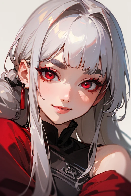 (Highest quality, masterpiece:1.2), High resolution, 最高masterpiece、Very detailed, Realistic:1.37, Fantasy, An illustration,Gray Hair、 Red eyes、Queen, Red dress、beautifully、Eyeshadow Red、Thick eyebrows、Long eyelashes、pupils are black、shiny on the lips、Top Sites、Queen、Princess、A kind smile、Soft impression、people々々々Loved by、Slimming the face、Shoulder Bare、ponytail、Kissing Face、Long white hair、Shaggy Bangs、(Save face image).(Gothicta)、(A kind smile)、(Background white)、