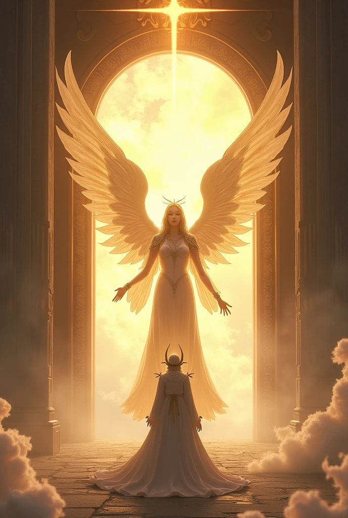 An angel saying to sukuna welcome to the heaven front of door heaven 