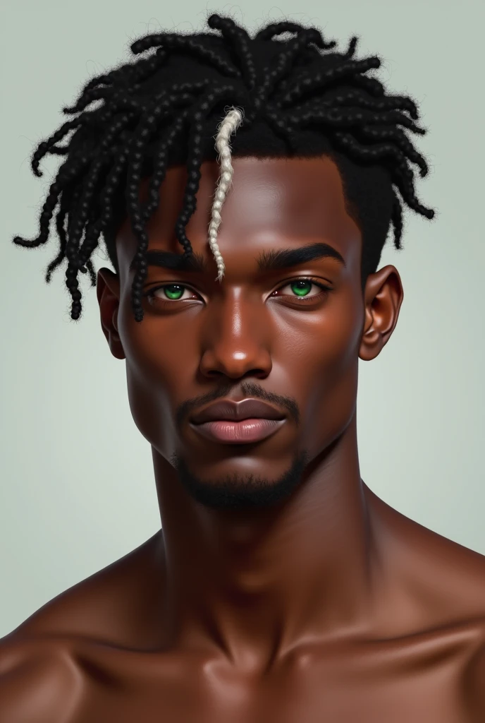 Drawing of a Black man, curly, medium-length hair, some of his hair strands fall over his forehead, his hair color is black and he has a single white strand right at the front, he cannot be painted with any paint. his eyes are a very pronounced shade of green, He has 1,78 inches tall and his body is well-defined