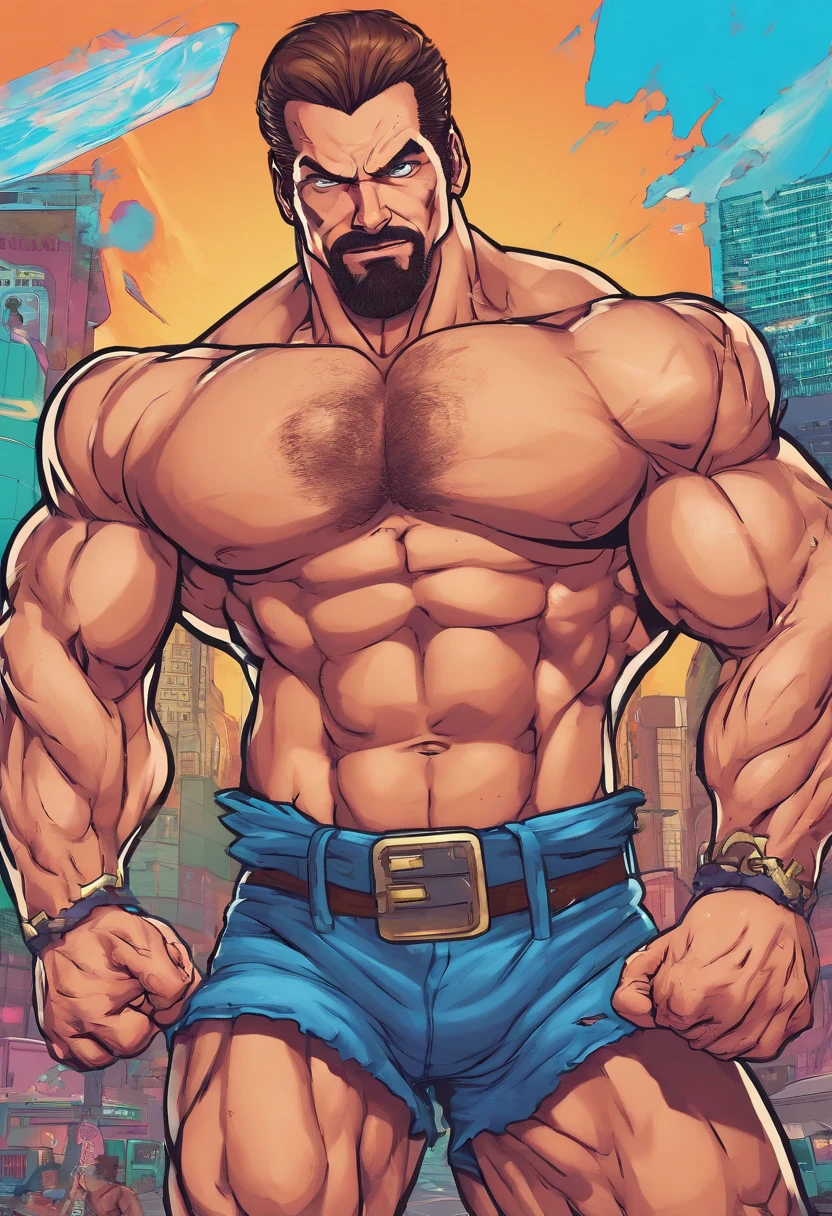 A very muscular 40-year-old bodybuilder with brown hair, long, loose with a goatee with blue eyes and no shirt who is flexing his biceps and is really attractive and is in only a blue heat thong and has hair on his chest and hairy armpits