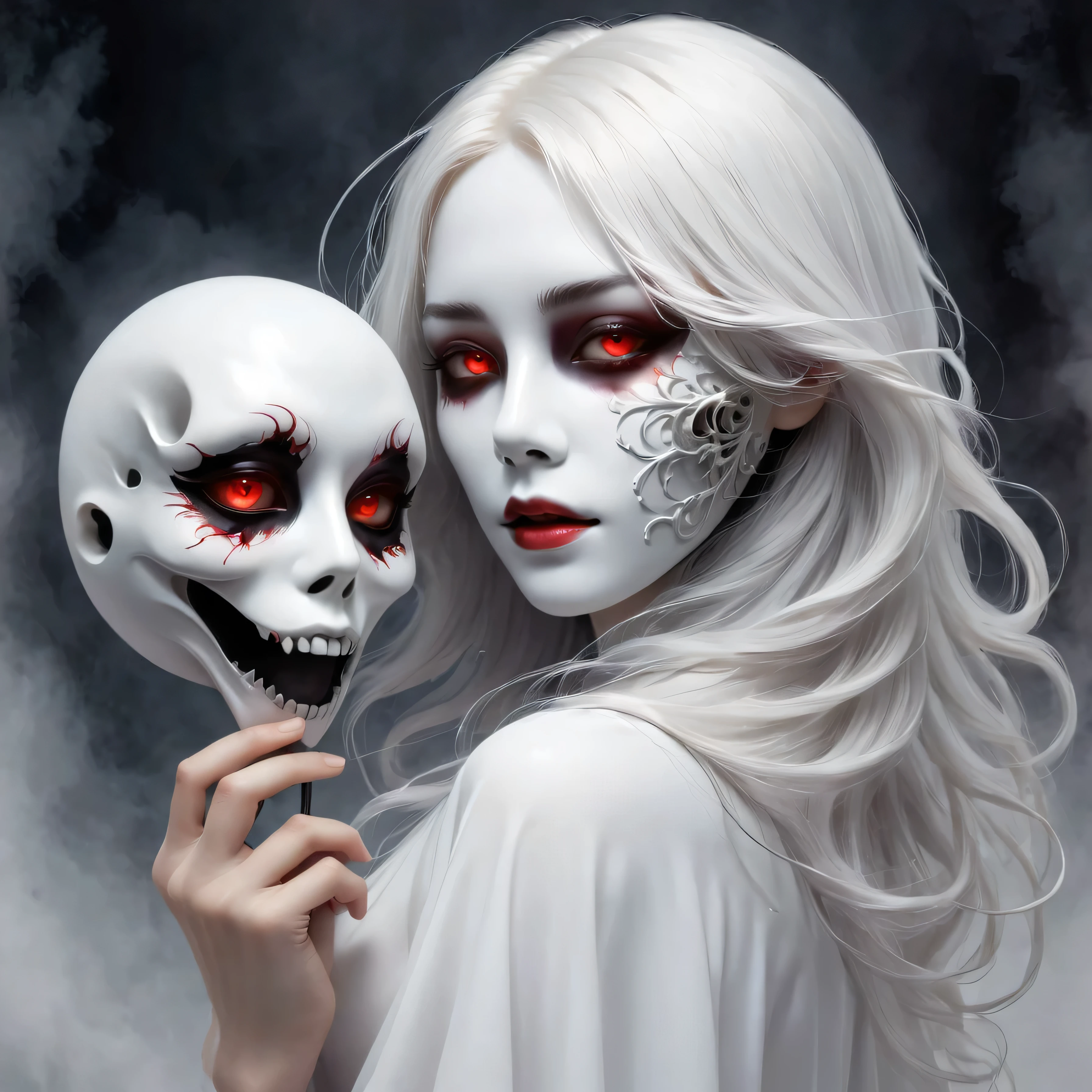 (Hand holding mask:1.5),(White-haired ghost,straight hair,Red eyes),(gothic art),(Fear:1.5),(correct human anatomy:1.37)