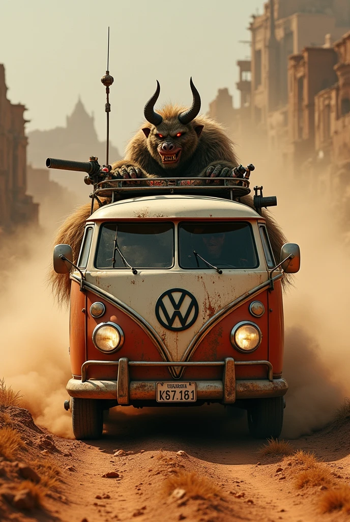 a pelznickel driving a volkswagem kombi rathod mad max style in a rally