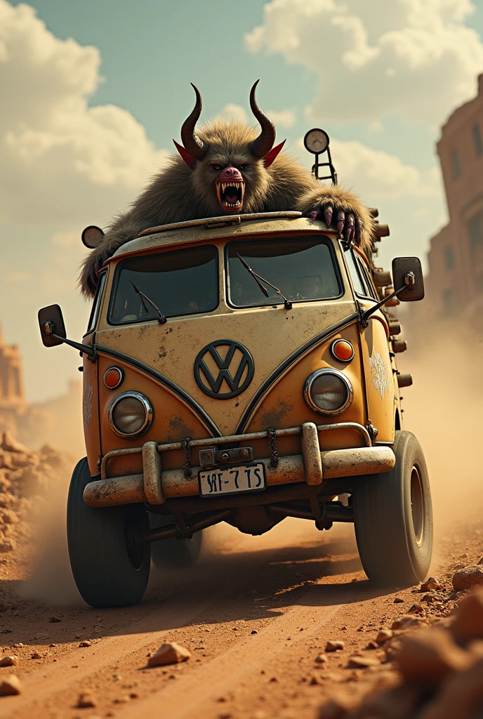 a pelznickel driving a volkswagem kombi rathod mad max style in a rally