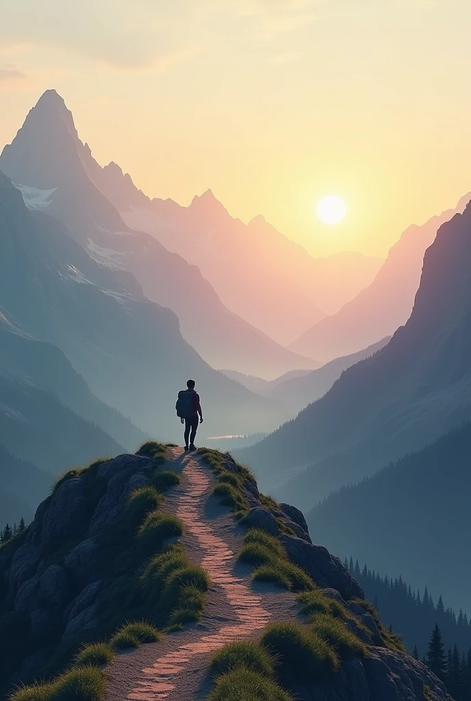 Imagine an image with a horizon at dawn, where the first rays of sun illuminate a mountain path. At the bottom of the image, places a hiker standing on top of a hill, looking forward with determination.