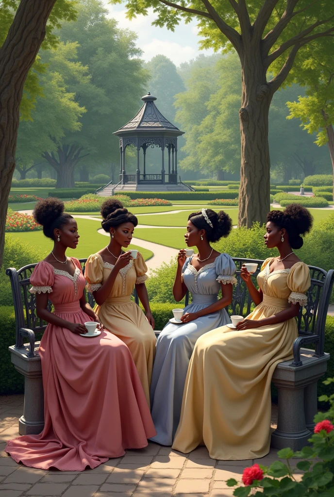 Victorian era black women sitting in a park with white cups in their hands